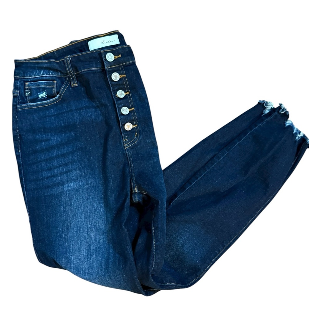 Kancan‎ Estilo Button Fly Skinny Jeans Dark Wash Raw Hem Distressed Ankles Sz 31